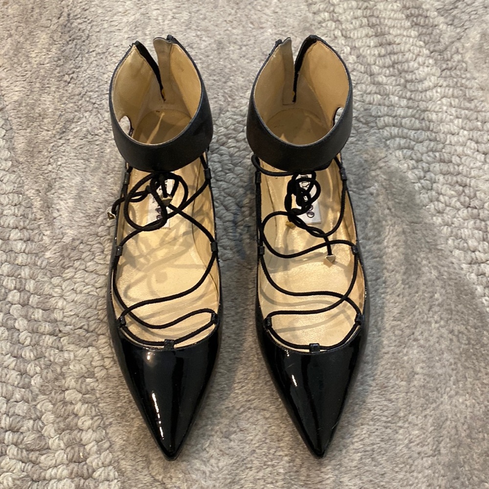 Jimmy Choo Black Patent Leather Flat Lace up 38.5